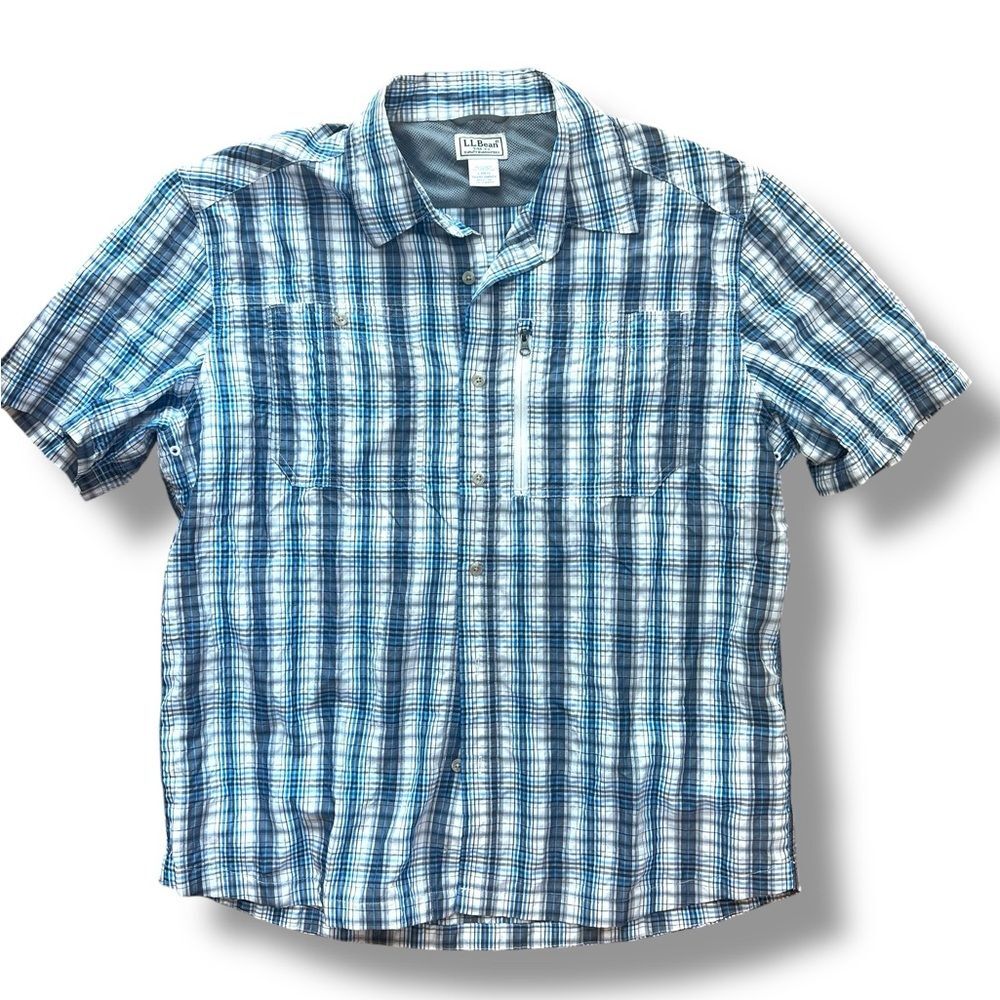 L.L.Bean Mens Cool Weave Casual Blue Plaid Short Sleeve Vented Button Up Shirt L